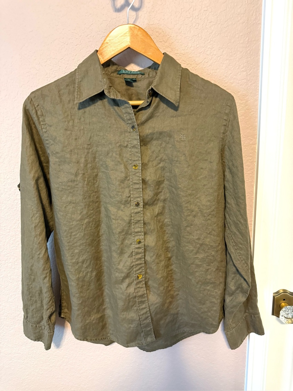 Lauren Ralph Lauren 100% Linen Women’s Olive Green Button-Up Shirt